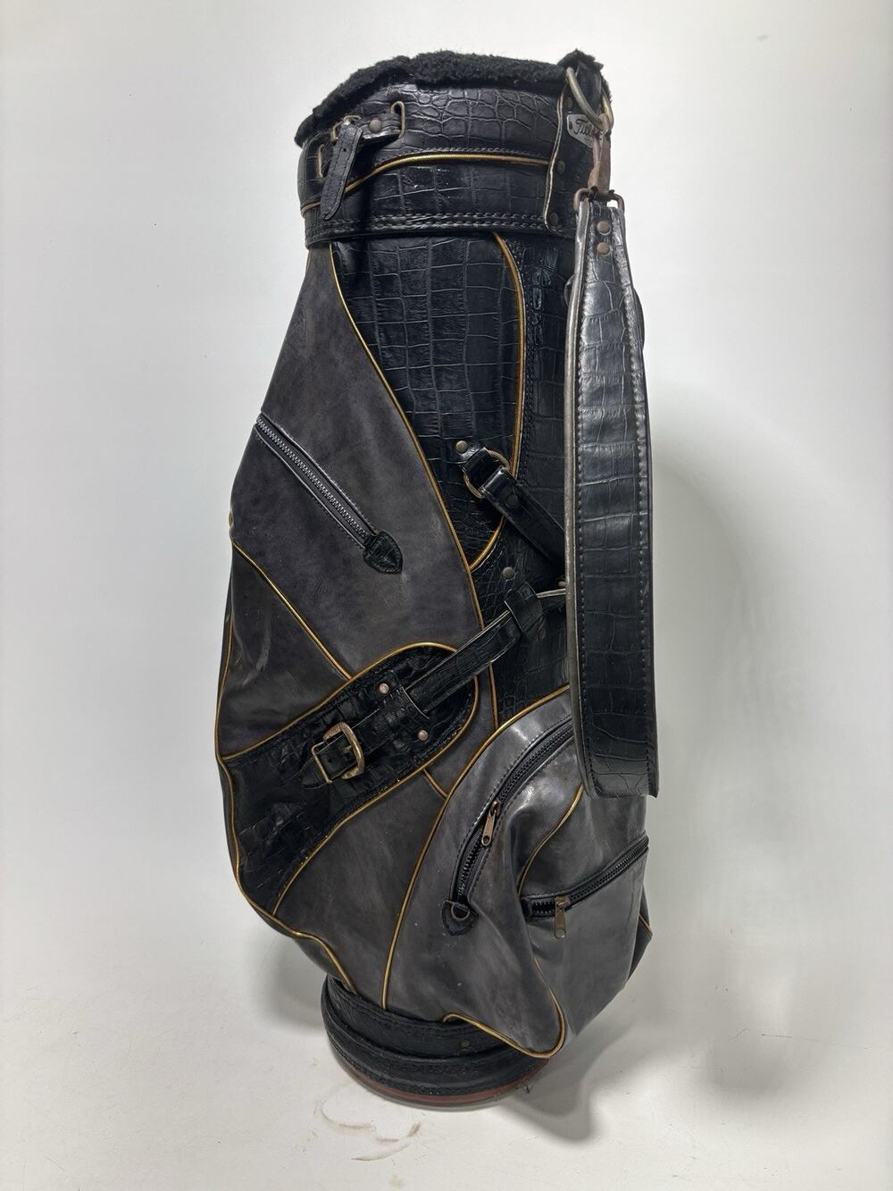 Vintage Titleist Leather Golf Bag Black Faux Alligator Carry Bag Rain Cover USA